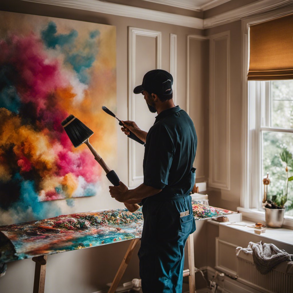 An image showcasing a proficient painter meticulously transforming a dull room into a vibrant sanctuary, highlighting the precision, attention to detail, and flawless finish that only an expert in home renovation services can provide