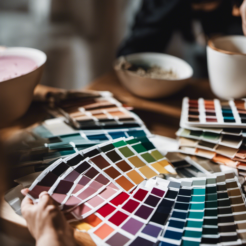 An image showcasing a skilled home renovation expert examining a palette of vibrant paint swatches, meticulously considering the perfect color scheme for a client's living room