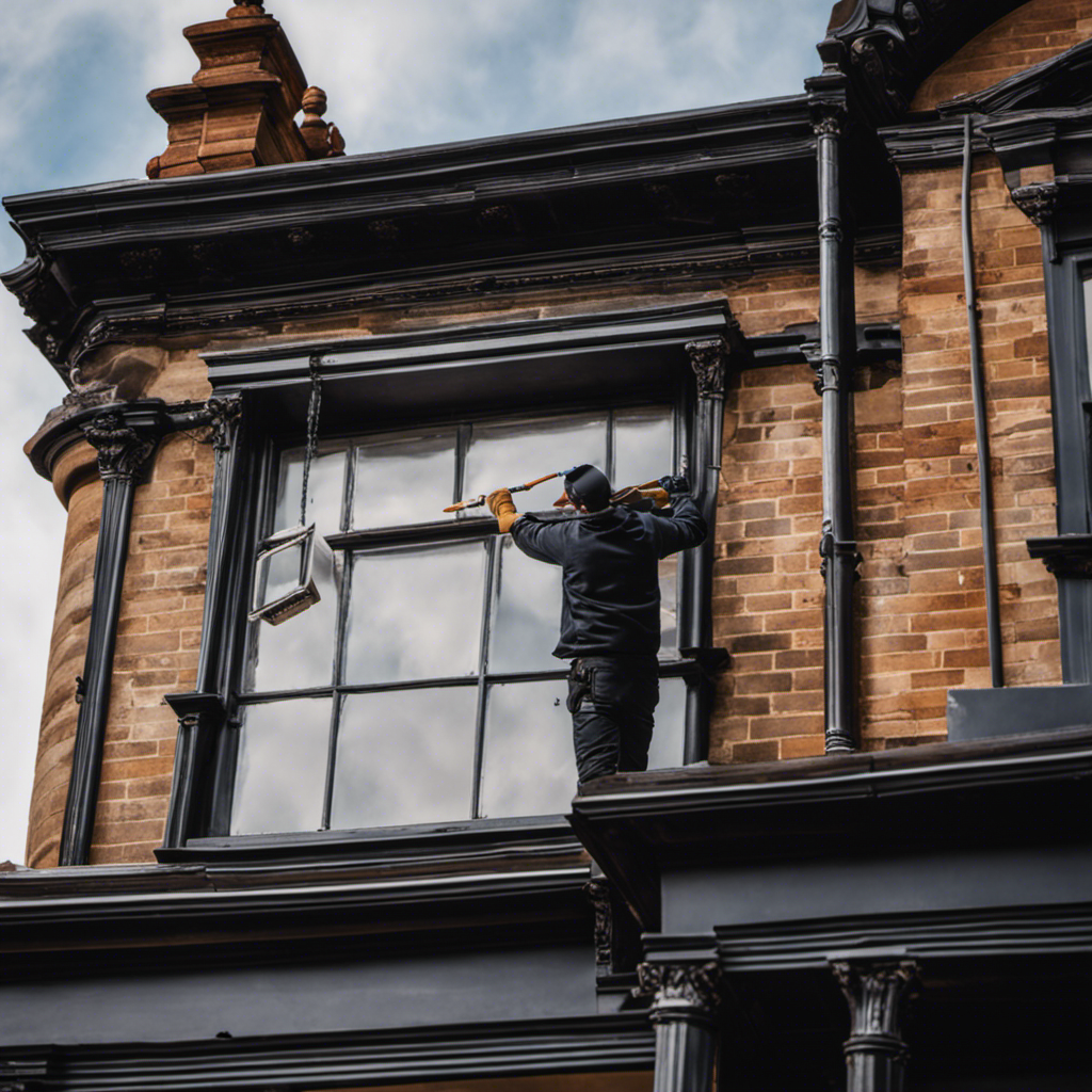 An image showcasing a skillful painter meticulously applying a coat of paint on a beautiful Victorian house in York, capturing the attention to detail and expertise of the top-rated painting contractors in the city