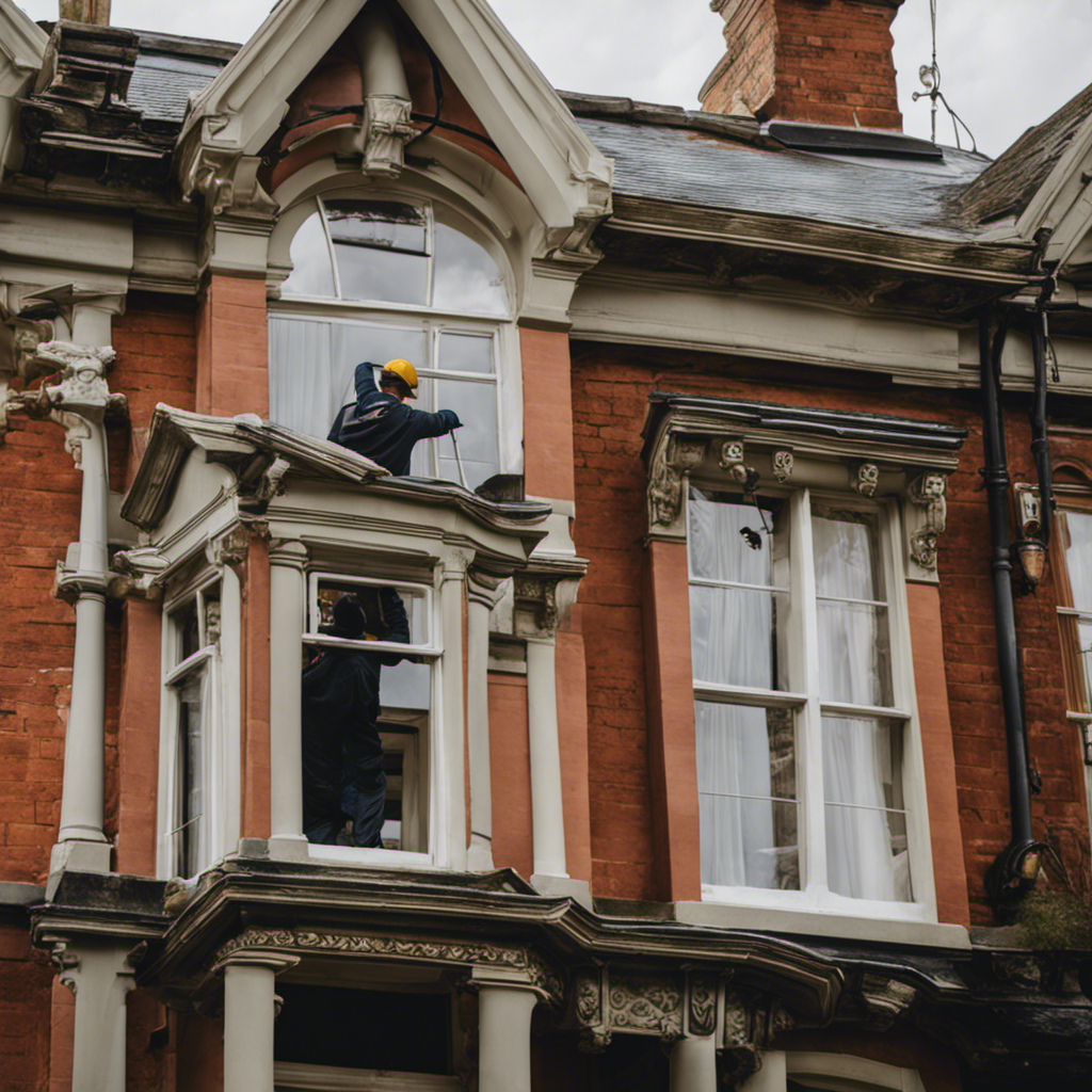 An image showcasing a skillful painter meticulously applying a coat of paint on a beautiful Victorian house in York, capturing the attention to detail and expertise of the top-rated painting contractors in the city