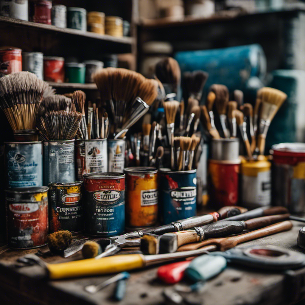 An image showcasing a painter's toolbox filled with brushes, rollers, and cans of paint, alongside a wall covered in certifications and credentials from reputable organizations, emphasizing their trustworthiness and expertise