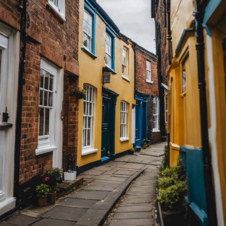 An image depicting a serene residential street in York, adorned with freshly painted houses showcasing a variety of vibrant colors