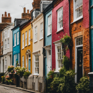 An image depicting a serene residential street in York, adorned with freshly painted houses showcasing a variety of vibrant colors