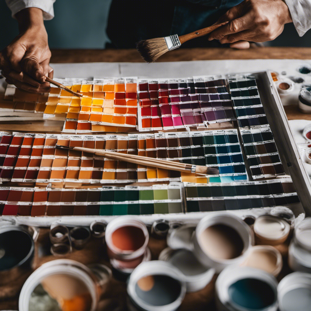 An image featuring a skilled painter meticulously examining paint swatches, while holding a color wheel and a brush, surrounded by a neatly organized toolkit and a wall adorned with beautifully painted samples