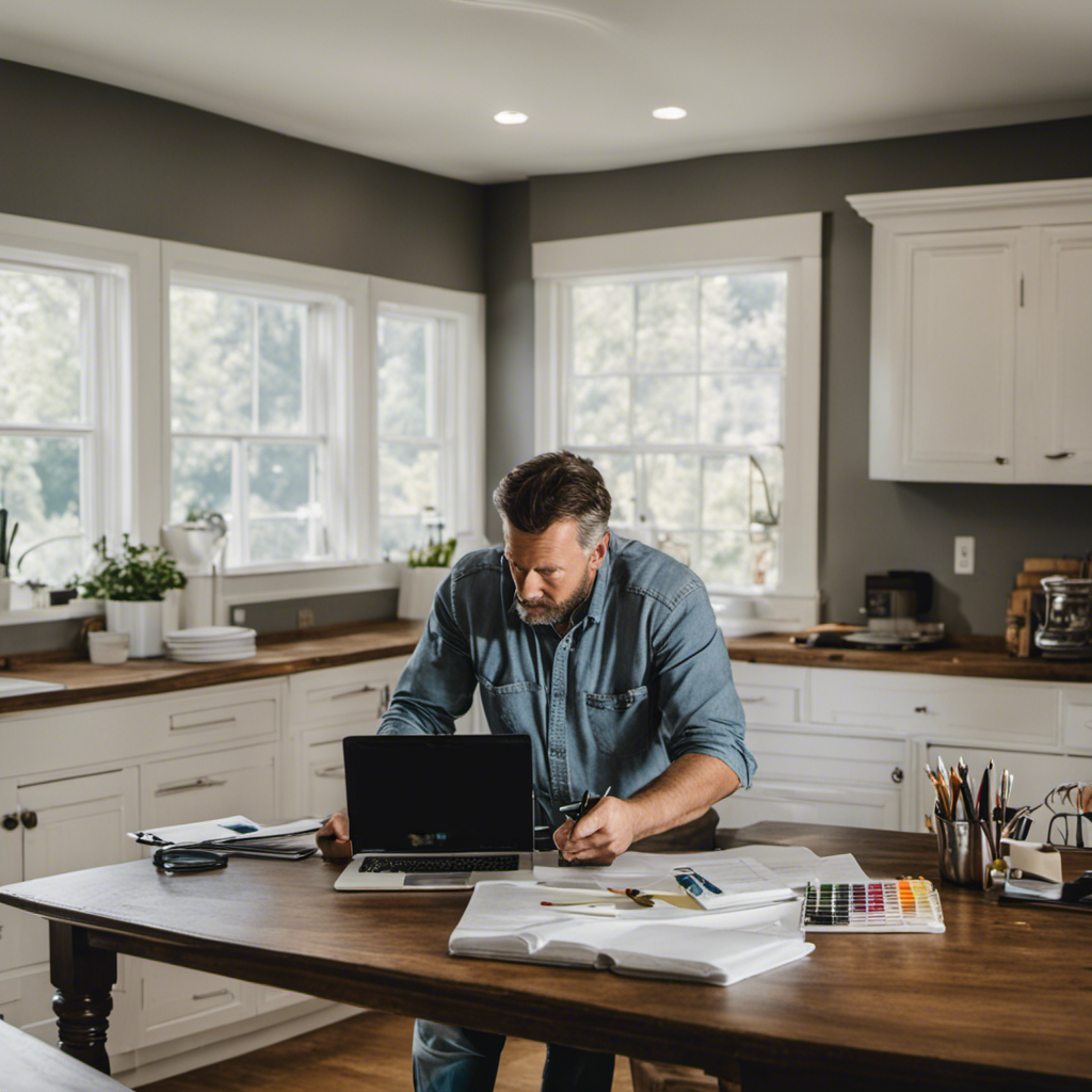 An image showcasing a homeowner in York thoroughly researching and comparing the qualifications, licenses, and customer reviews of different painting contractors