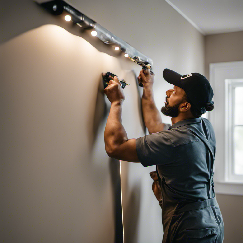 An image showcasing a skilled painter applying smooth, even strokes to a wall, utilizing precise cutting-in techniques with painter's tape, while expertly maneuvering around light fixtures, showcasing tips for achieving a flawless, professional finish