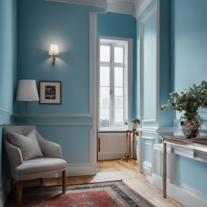 An image showcasing a York interior with vibrant walls painted in a soothing sky-blue shade, accented by crisp white trims