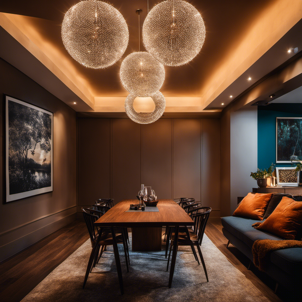 An image showcasing a dimly lit room transformed into a radiant space through the addition of sleek pendant lights, casting a warm glow on vibrant walls adorned with contemporary artwork and gleaming fixtures