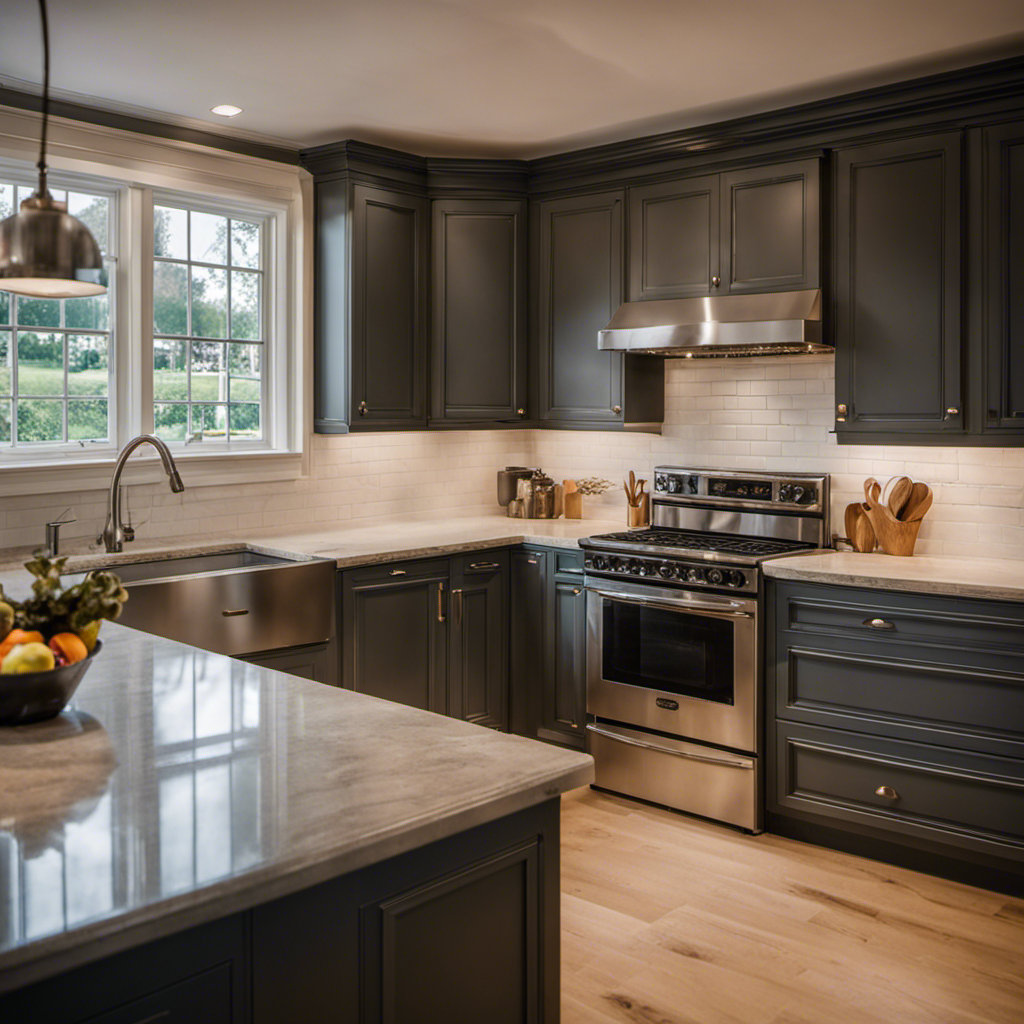 An image showcasing a kitchen with cabinets undergoing professional painting and refinishing in York