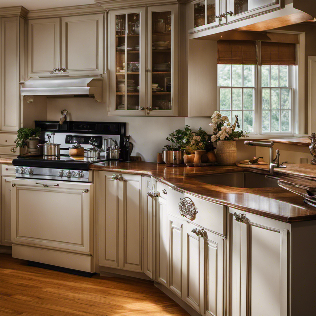 An image that showcases a stunning before-and-after transformation of a dull, outdated kitchen cabinet in a York home