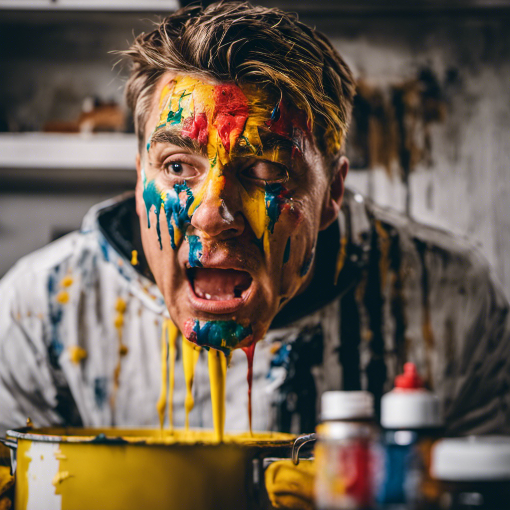 An image featuring a frustrated DIYer struggling with uneven paint lines, drips, and brush strokes on a kitchen cabinet