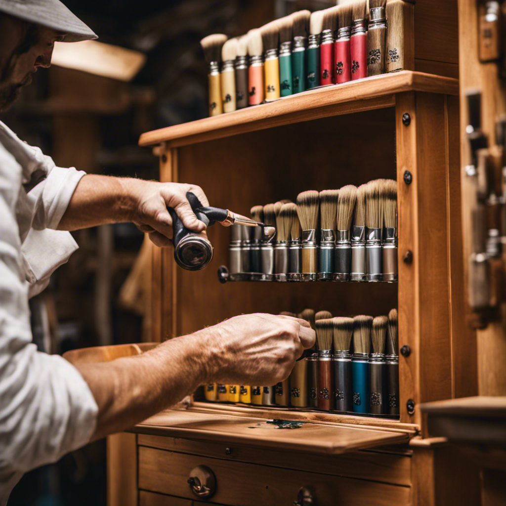 An image showcasing a skilled painter meticulously sanding and priming a wooden cabinet, surrounded by a neatly arranged array of paintbrushes, spray guns, and color swatches, exemplifying top-notch cabinet painting and refinishing services in York