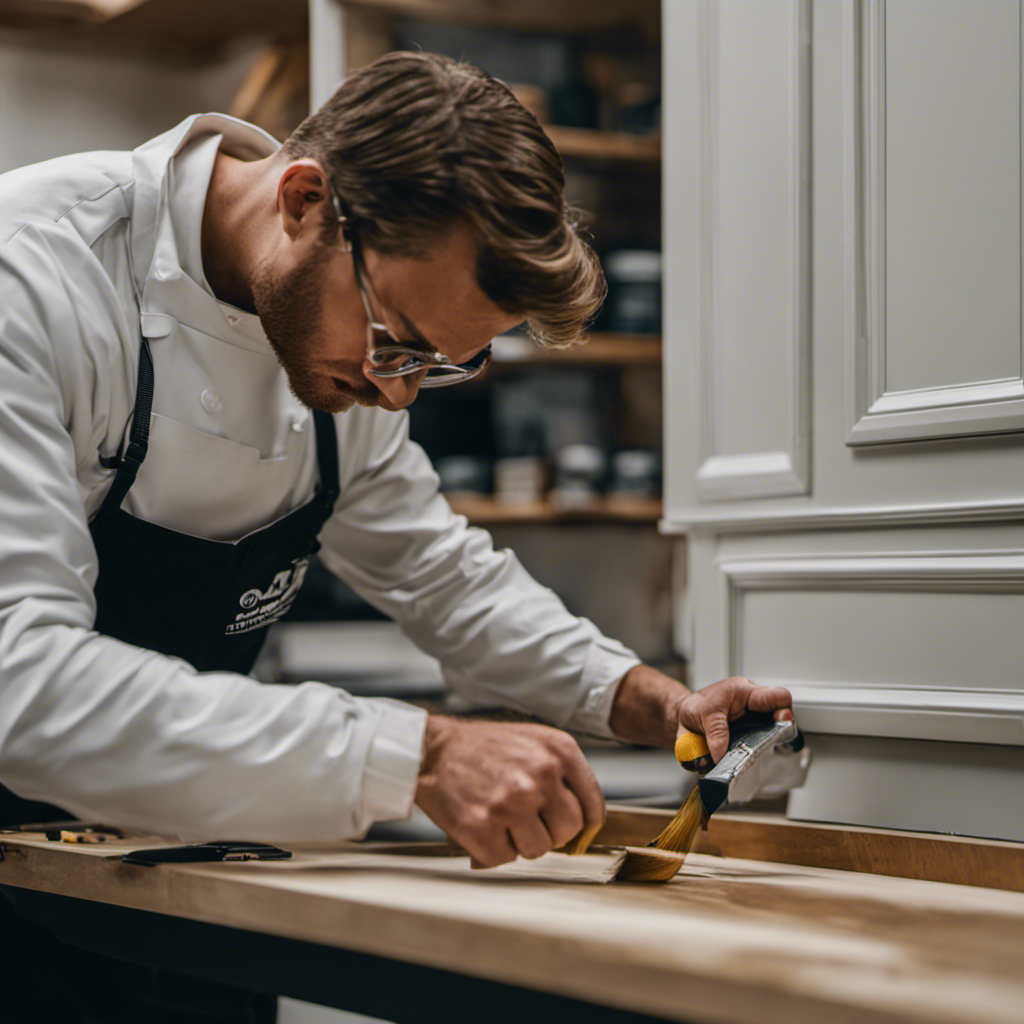 An image showcasing a skilled cabinet painter in York, meticulously prepping and painting cabinets with precision