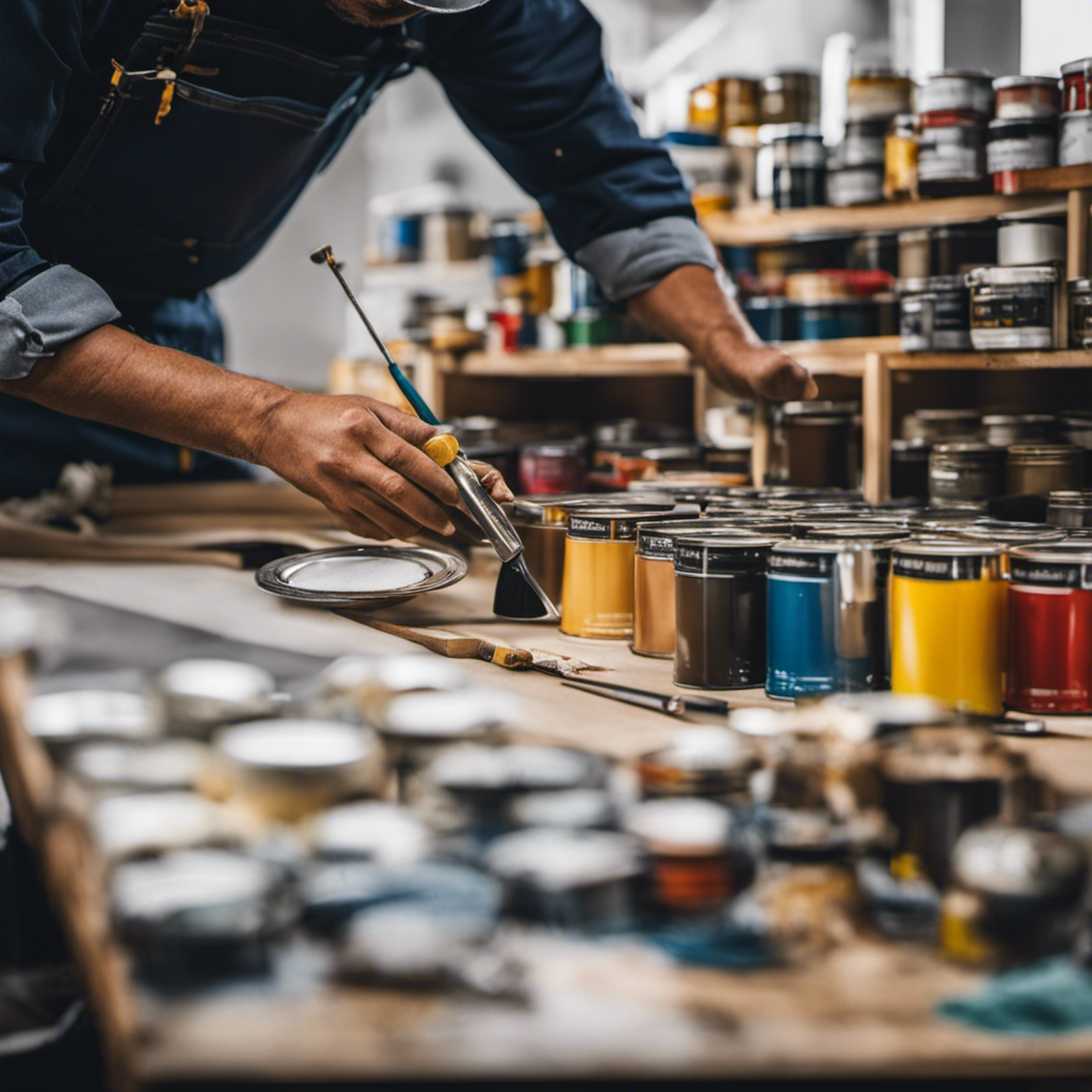 An image featuring a cabinet painter meticulously inspecting the cabinet surface, surrounded by various professional tools, paint cans, and a detailed cost breakdown chart, highlighting the key factors impacting cabinet painting and refinishing services in York