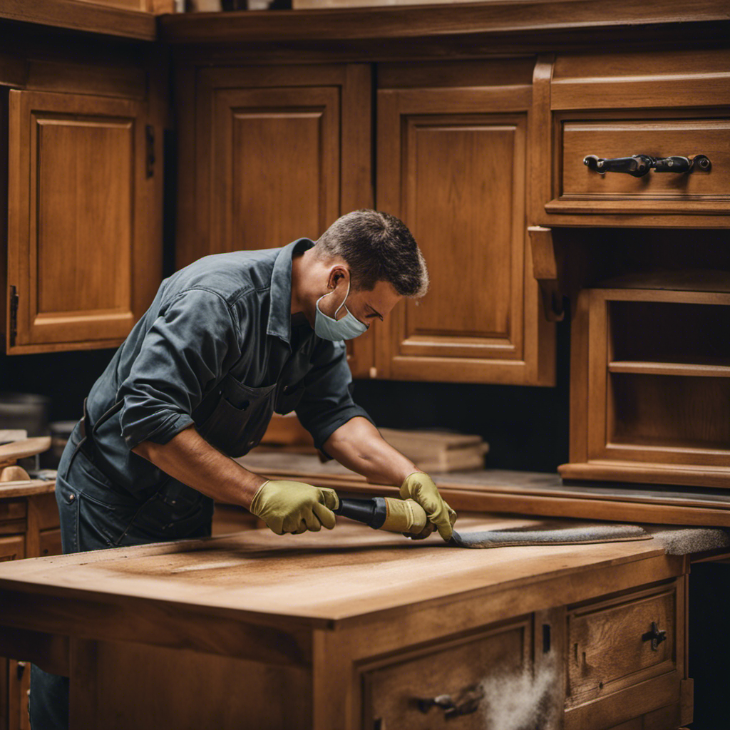 An image showcasing a skilled painter meticulously sanding and cleaning a wooden cabinet before applying a fresh coat of paint, emphasizing the crucial process of surface preparation for achieving professional cabinet painting and refinishing in York