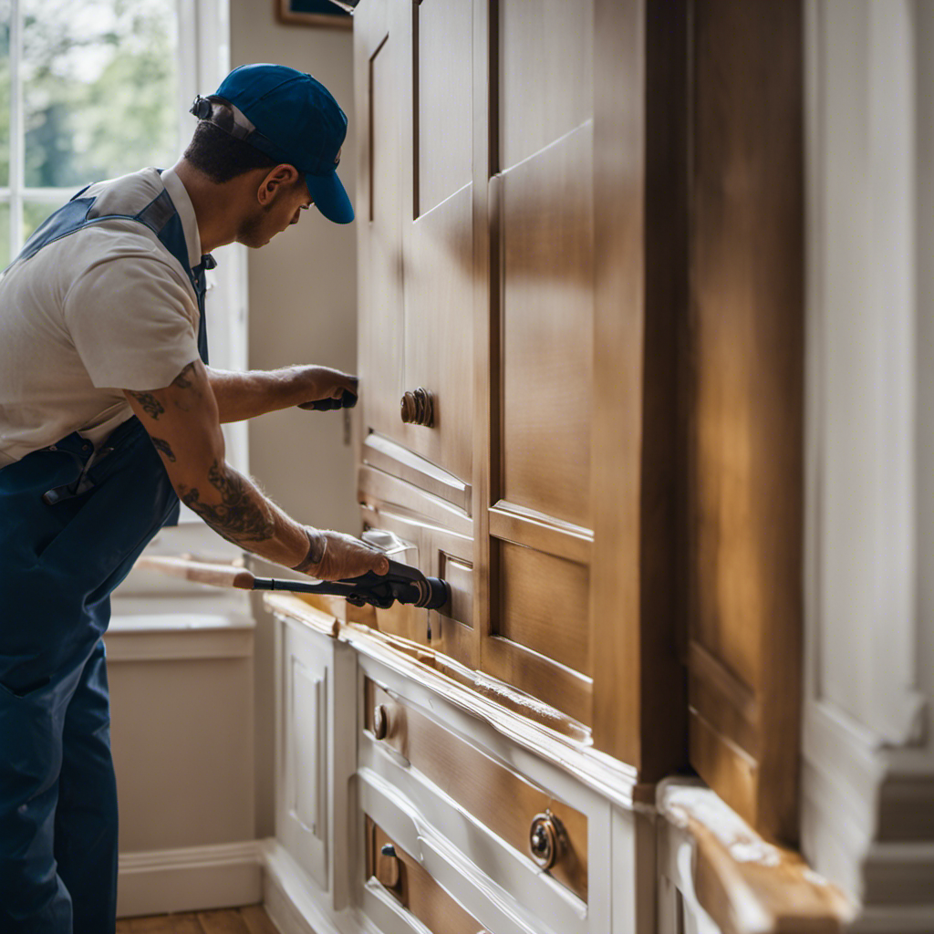 An image showcasing a professional painter meticulously sanding and prepping a cabinet surface, followed by a close-up shot of them expertly applying paint with a sprayer, capturing the step-by-step process of cabinet painting and refinishing in York