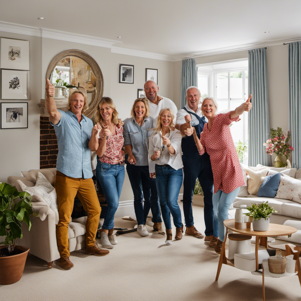 An image showcasing a collage of beaming customers in their newly transformed homes, proudly displaying their gratitude through wide smiles and thumbs-up gestures, capturing the trust and satisfaction experienced with painters and decorators in York