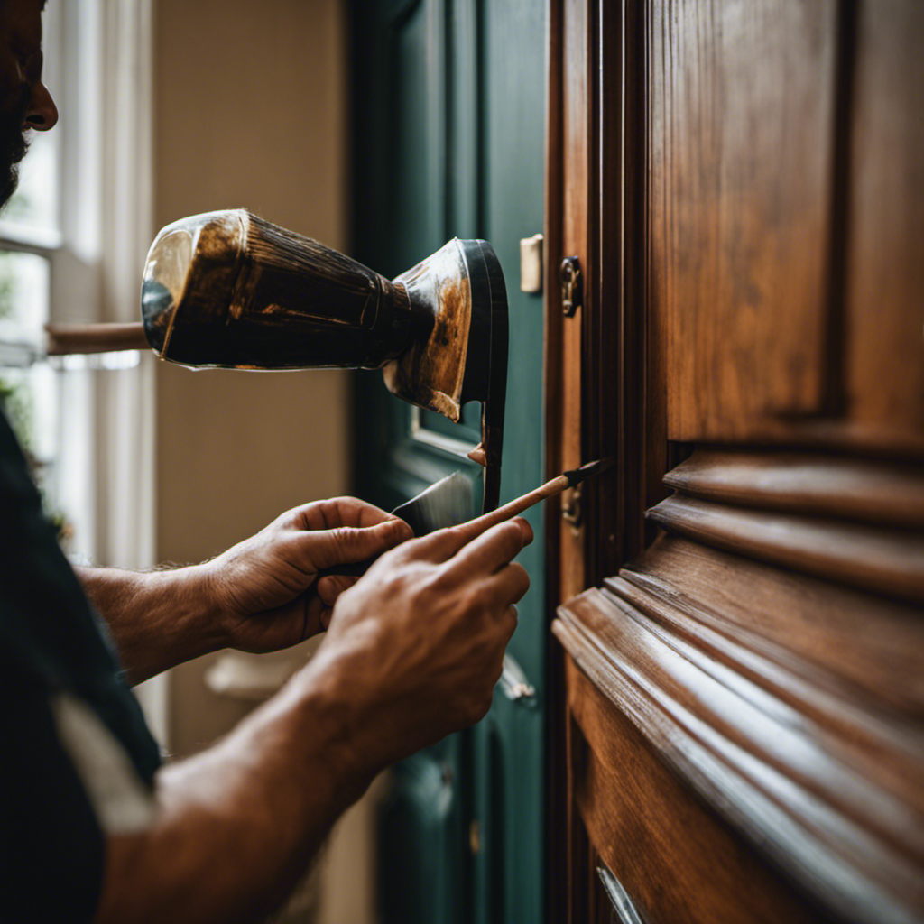 An image showcasing a professional painter meticulously applying a fresh coat of paint to a beautifully crafted wooden door in a charming York home, exuding trustworthiness and expertise