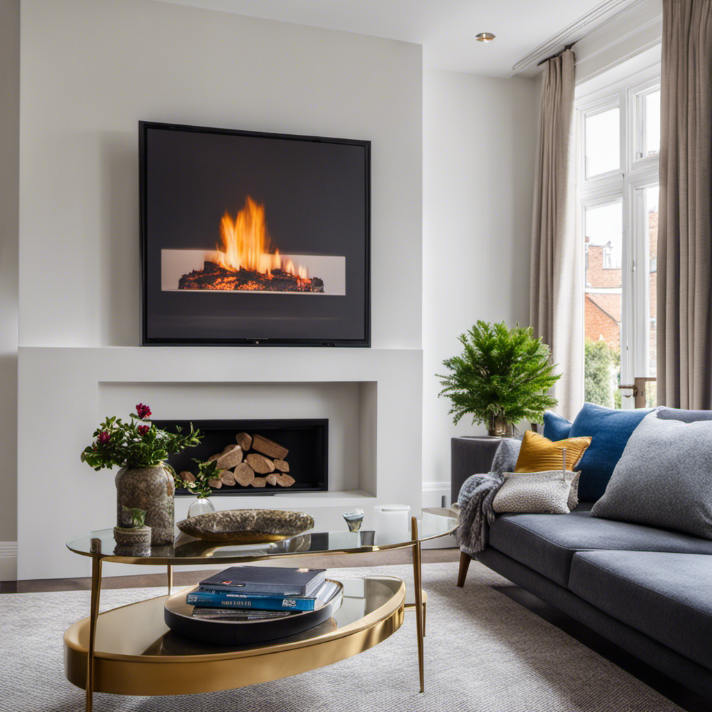 An image showcasing a beautifully transformed living room: a sleek, modern fireplace complemented by crisp white walls adorned with vibrant contemporary artwork, all meticulously executed by skilled York-based painters and decorators