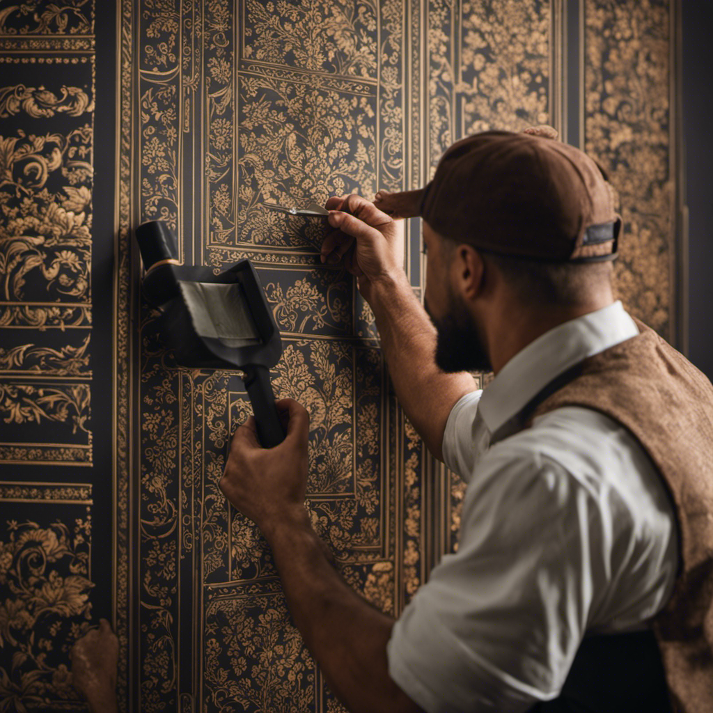 An image showcasing a skilled craftsman meticulously aligning intricate wallpaper patterns on a wall, using measuring tools, a smoothing brush, and utmost care