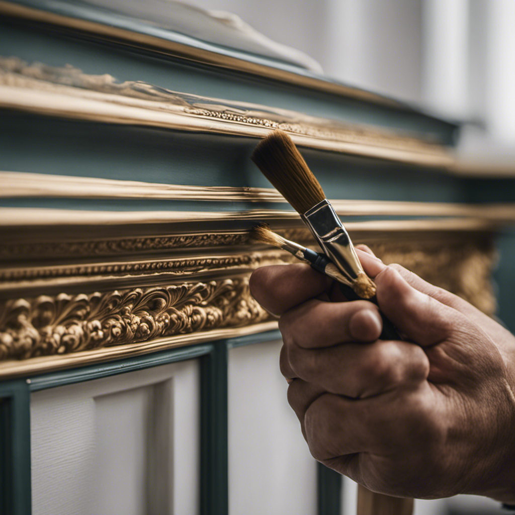 An image showcasing a skilled hand applying intricate trim and detail work, capturing the meticulous brushstrokes and precise craftsmanship that elevate the aesthetics of home improvement painting in York