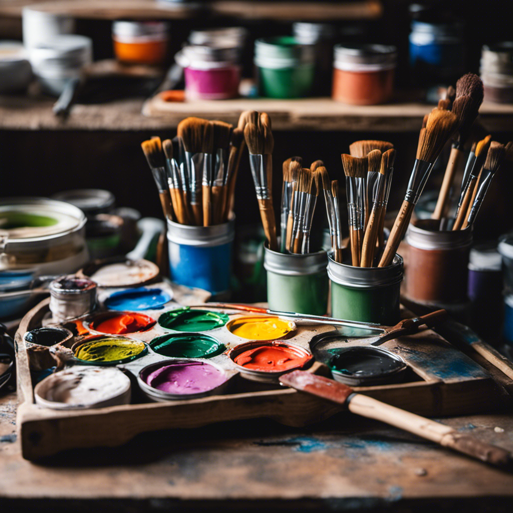 An image showcasing a paint tray filled with vibrant acrylic paints, an assortment of high-quality brushes, a sturdy ladder, painter's tape, drop cloths, and a paint roller with an extension pole, all neatly arranged on a clean, well-lit workbench