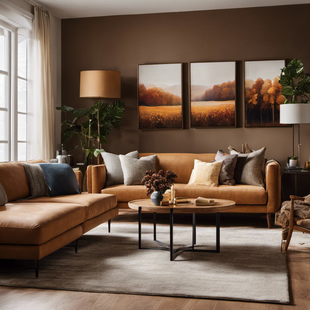 An image showcasing a serene living room, adorned with a tasteful blend of warm earthy tones and vibrant accents