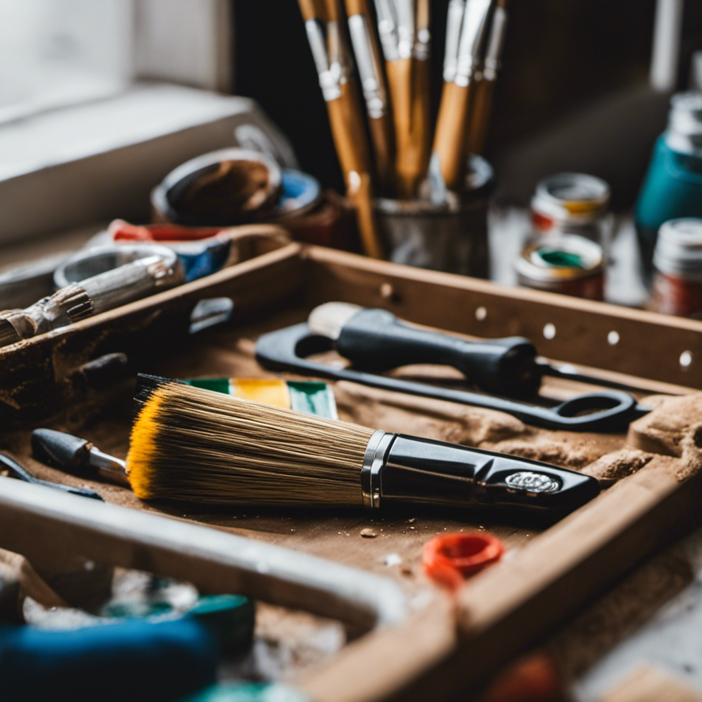 An image showcasing a well-stocked toolbox with quality paintbrushes, rollers, painter's tape, drop cloths, sandpaper, primer, and a paint tray, highlighting the essential tools and materials for interior painting in York