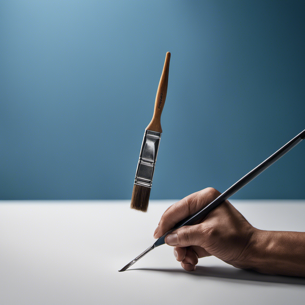 An image depicting a close-up of a steady hand wielding a paintbrush, seamlessly cutting in along a crisp edge between a vibrant blue wall and a pristine white ceiling