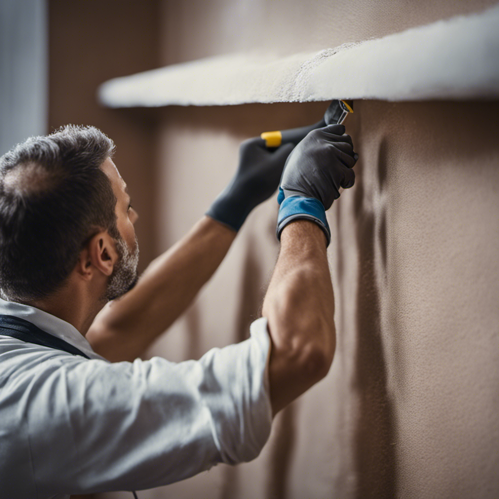 An image capturing the essence of wall preparation for painting, showcasing a close-up of a painter meticulously sanding a wall, removing imperfections, and ensuring a smooth surface for a flawless and professional finish