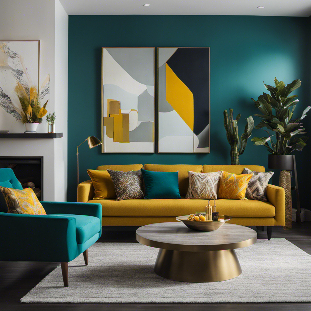 An image showcasing a contemporary living room painted in a trendy color palette, featuring a sleek grey accent wall, vibrant pops of teal and mustard accessories, and a statement artwork that ties it all together