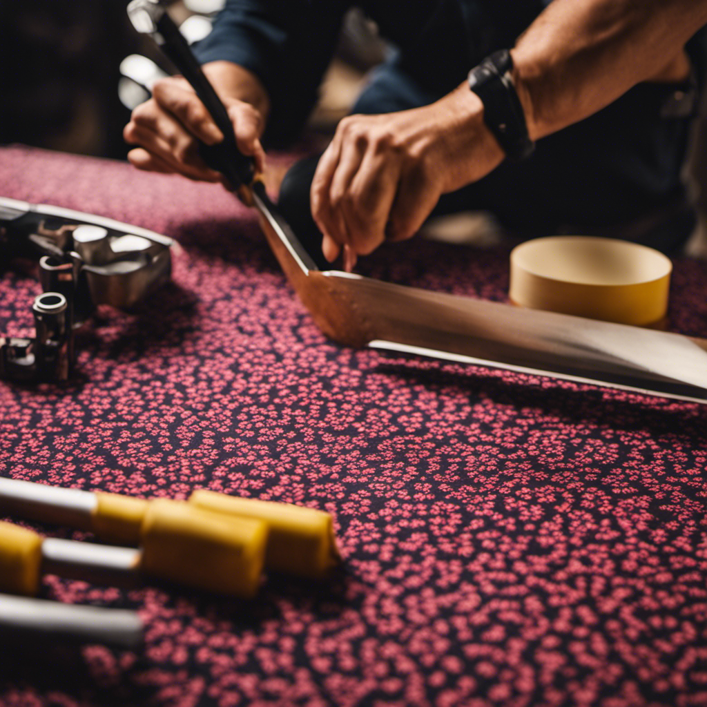 An image showcasing a skilled wallpaper installer in York meticulously smoothing out a vibrant patterned wallpaper, while a level and adhesive tools rest nearby, highlighting the intricate and precise process