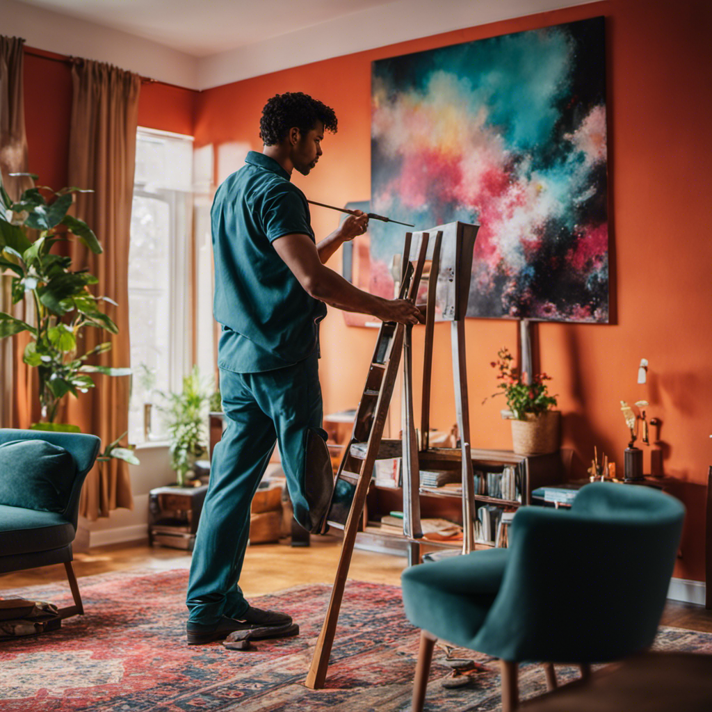 An image showcasing a skilled professional painter transforming a dull living room into a vibrant space, effortlessly blending colors, highlighting intricate details, and leaving the room with a refreshing and polished ambiance