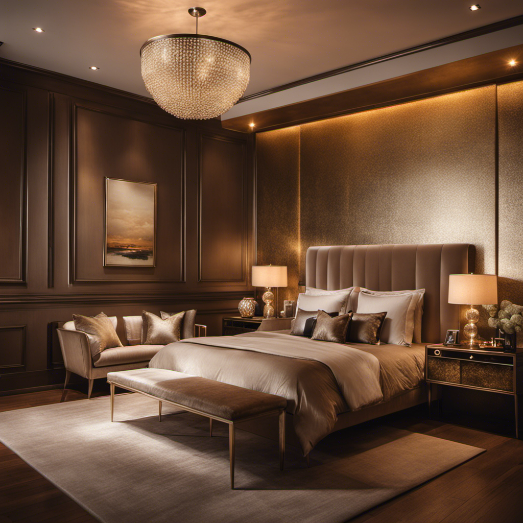 An image showcasing a luxurious bedroom with a focal wall painted in a metallic faux finish, reflecting warm ambient light, while textured wallpaper adds depth and elegance to the overall aesthetic