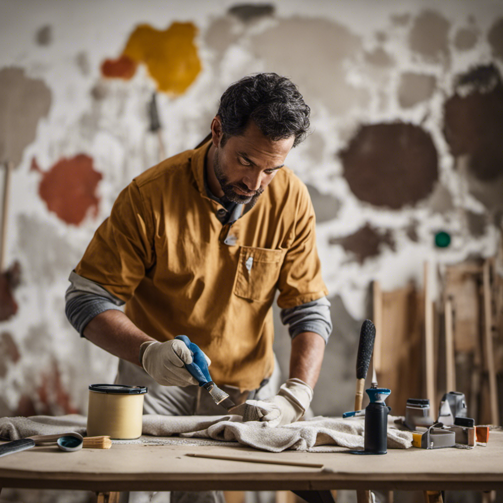 An image showcasing a painter meticulously sanding and filling imperfections on a wall, surrounded by neatly organized drop cloths, painter's tape, and a variety of tools, highlighting the importance of surface preparation in achieving a flawless interior paint job