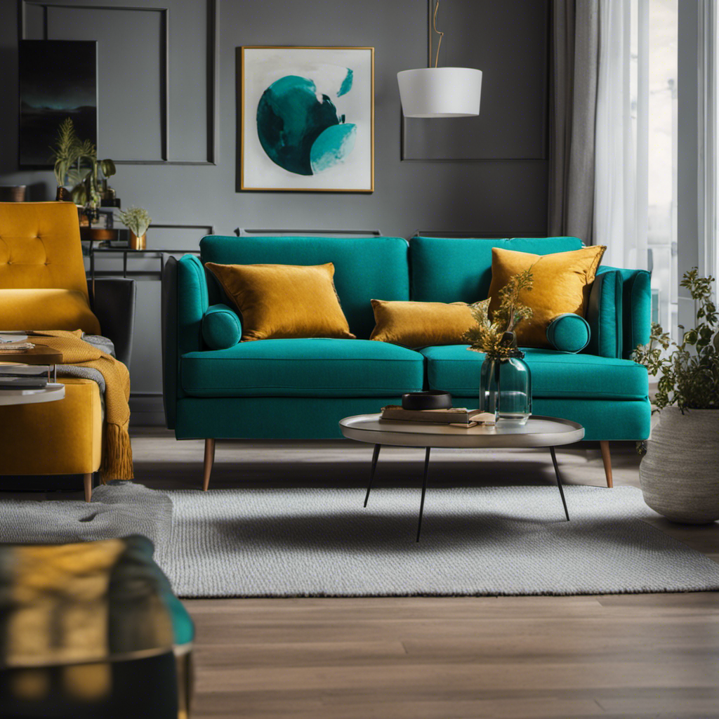 An image showcasing a beautifully painted living room with light gray walls, accented by a pop of vibrant teal on the furniture and a touch of warm mustard in the decor, evoking a cozy and modern atmosphere