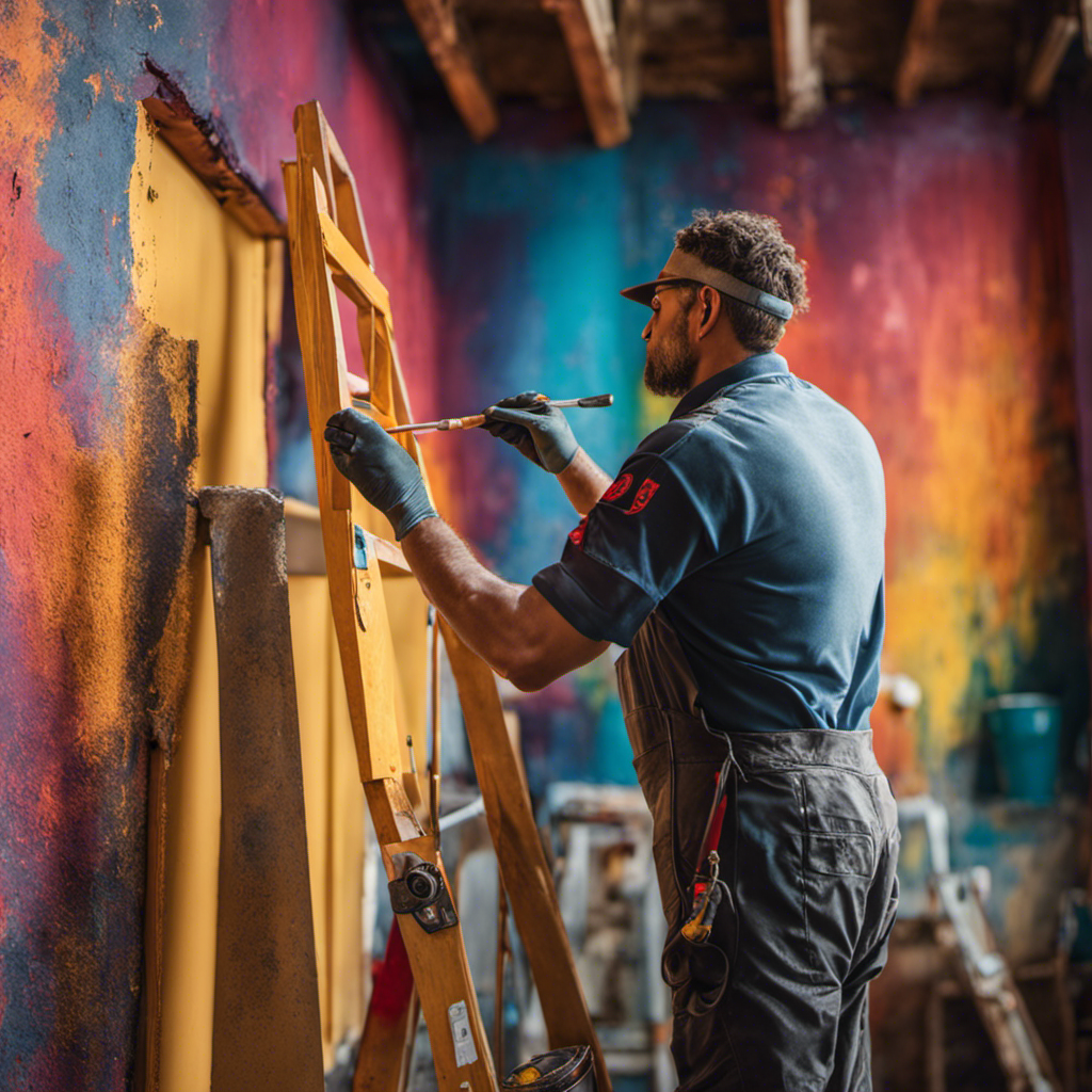 An image showcasing a skilled painter meticulously applying even coats of vibrant paint to a worn-out wall, transforming it into a fresh, inviting space