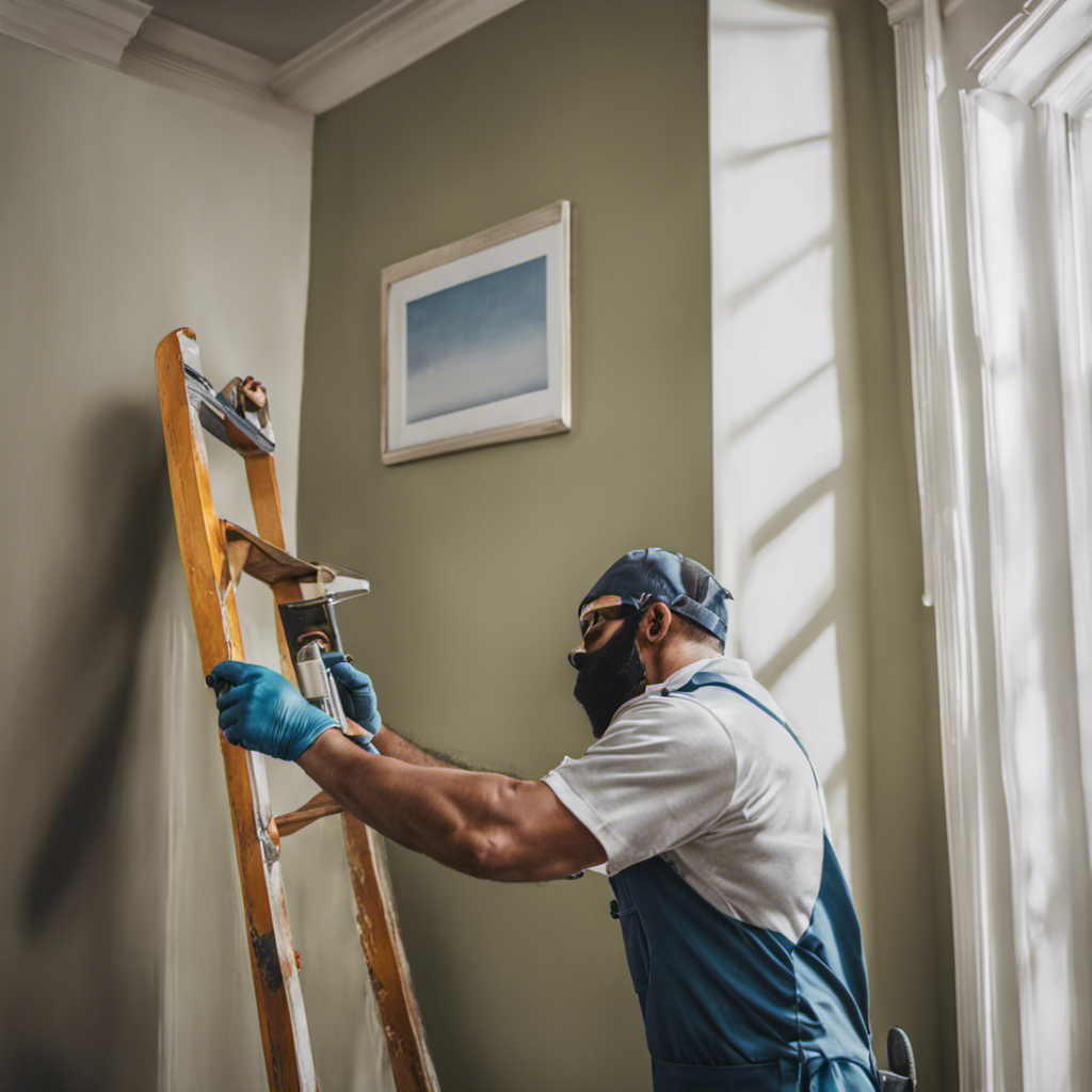 An image showcasing the meticulous process of professional painting services: a skilled painter meticulously prepping walls, masking edges, smoothly applying fresh coats of paint, and expertly finishing with precision and care