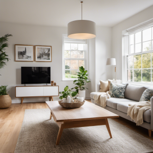 An image showcasing a room transformation: a bright and airy living space with freshly painted white walls, sleek modern furniture, and natural light pouring in through large windows, highlighting the beauty of York