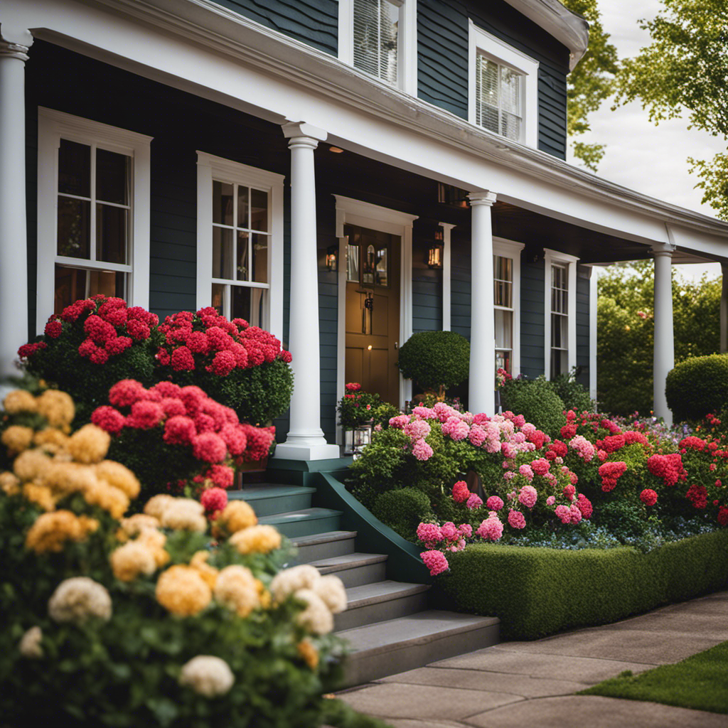 An image showcasing a beautifully transformed exterior: a charming porch with fresh paint, vibrant flowers in stylish planters, a sleek front door with modern hardware, and neatly trimmed hedges