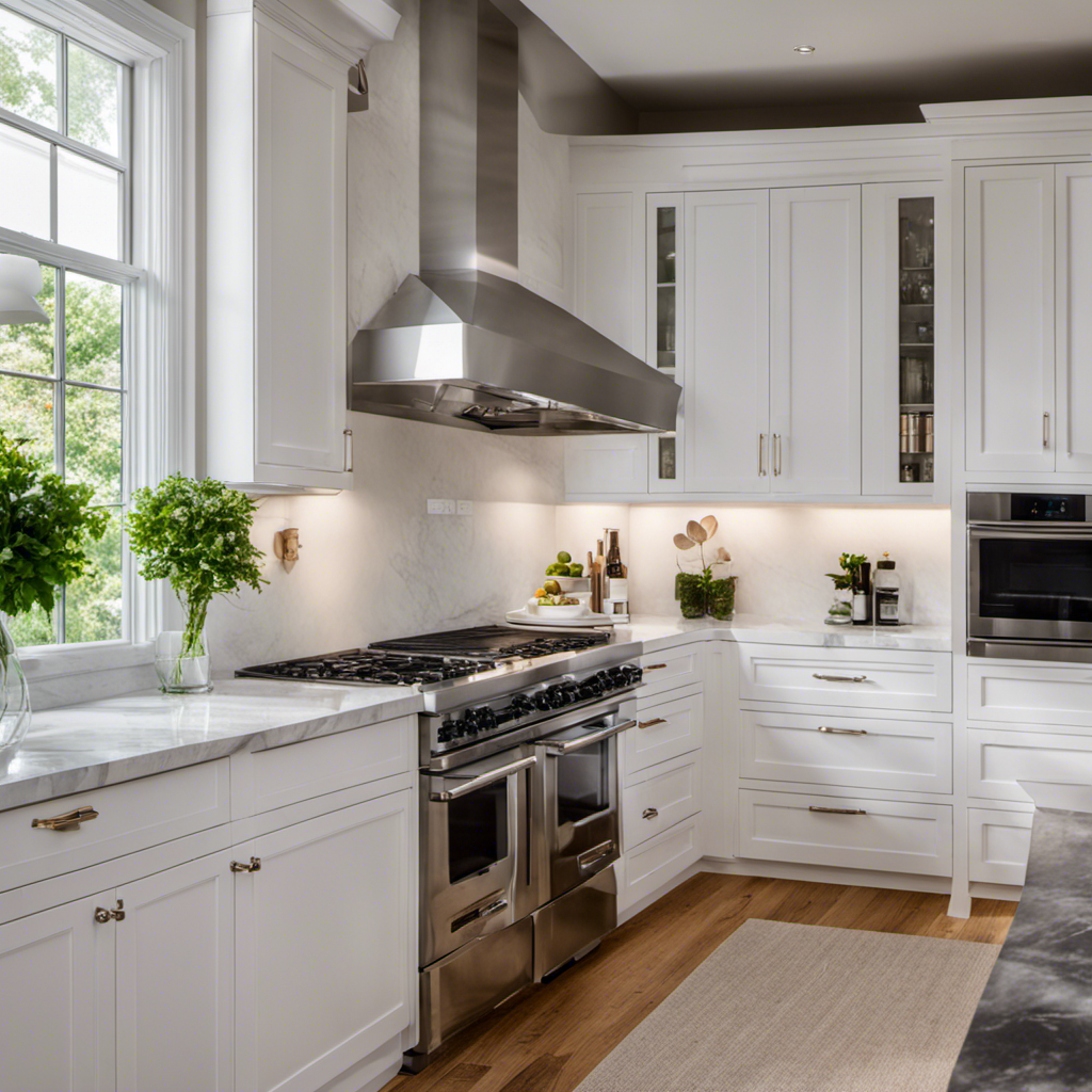 An image showcasing a beautifully renovated kitchen in York, featuring sleek white cabinets, a marble countertop, and modern stainless steel appliances