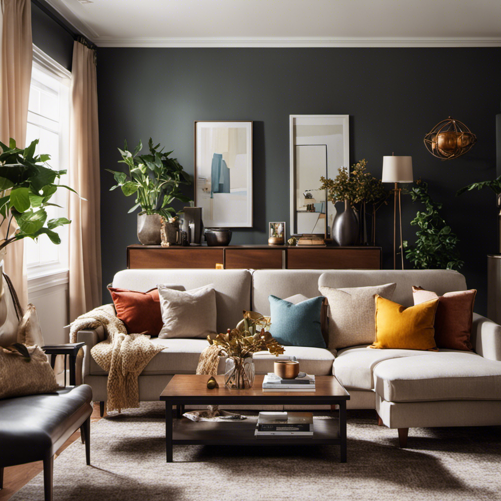 An image showcasing a before-and-after transformation of a living room: a cluttered, outdated space on the left, and a stylish, revamped room on the right