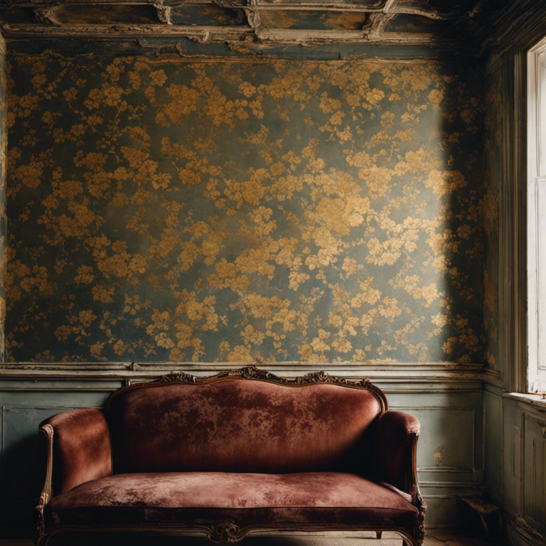 An image showcasing a dilapidated, peeling wallpaper in a once elegant Victorian living room, exposing faded floral patterns beneath