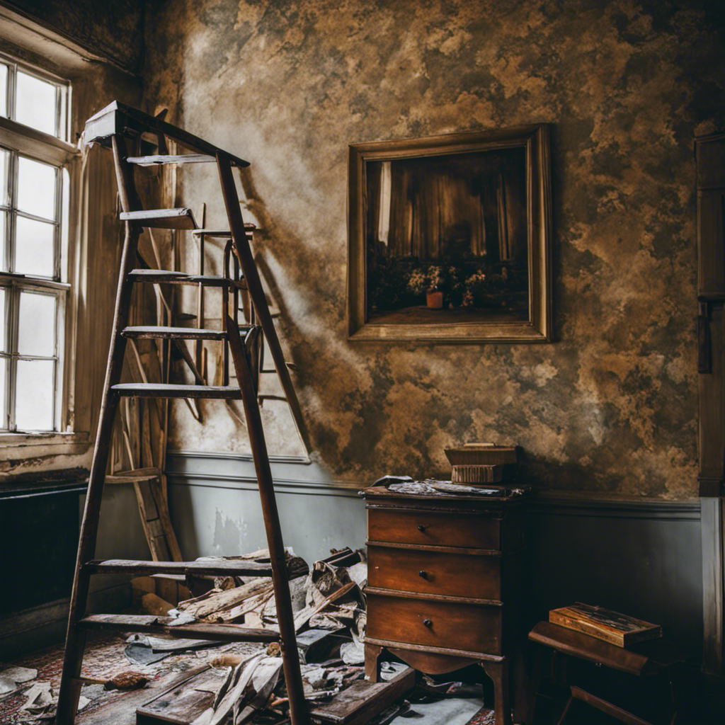 An image that showcases a living room with peeling wallpaper, unevenly painted walls, and a ladder tipped over, revealing the hidden dangers of DIY painting and decorating in York's interior