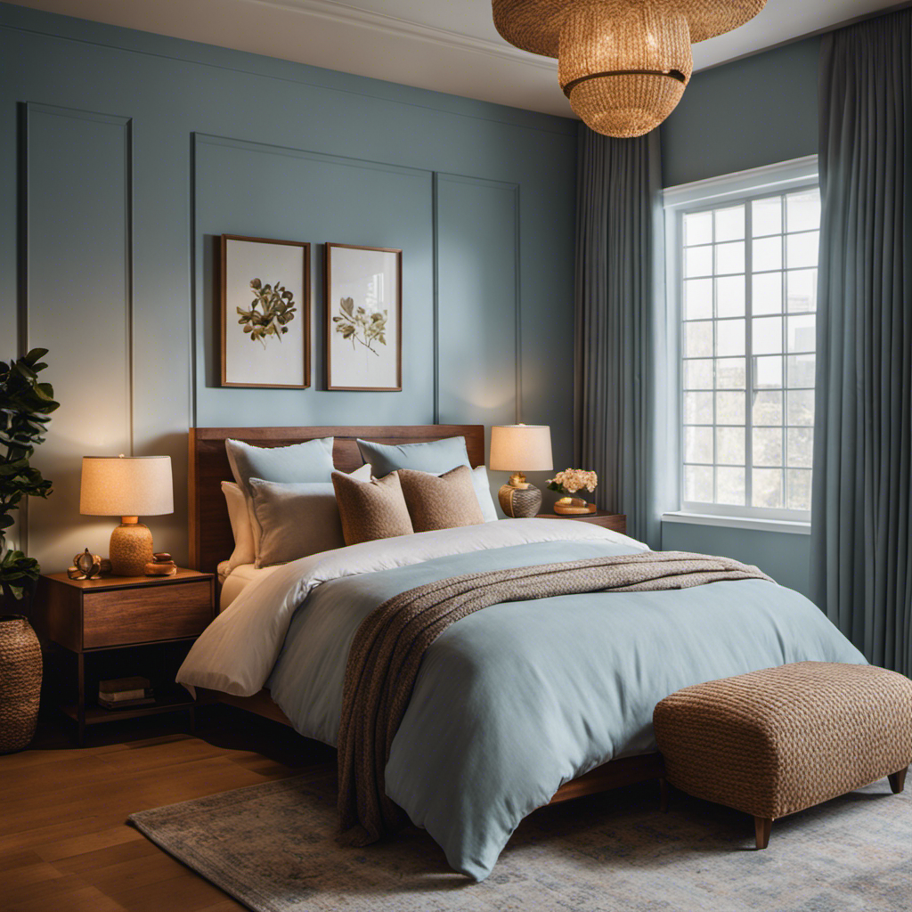 An image showcasing a serene bedroom with soft blue walls, complemented by warm, earthy tones in the decor