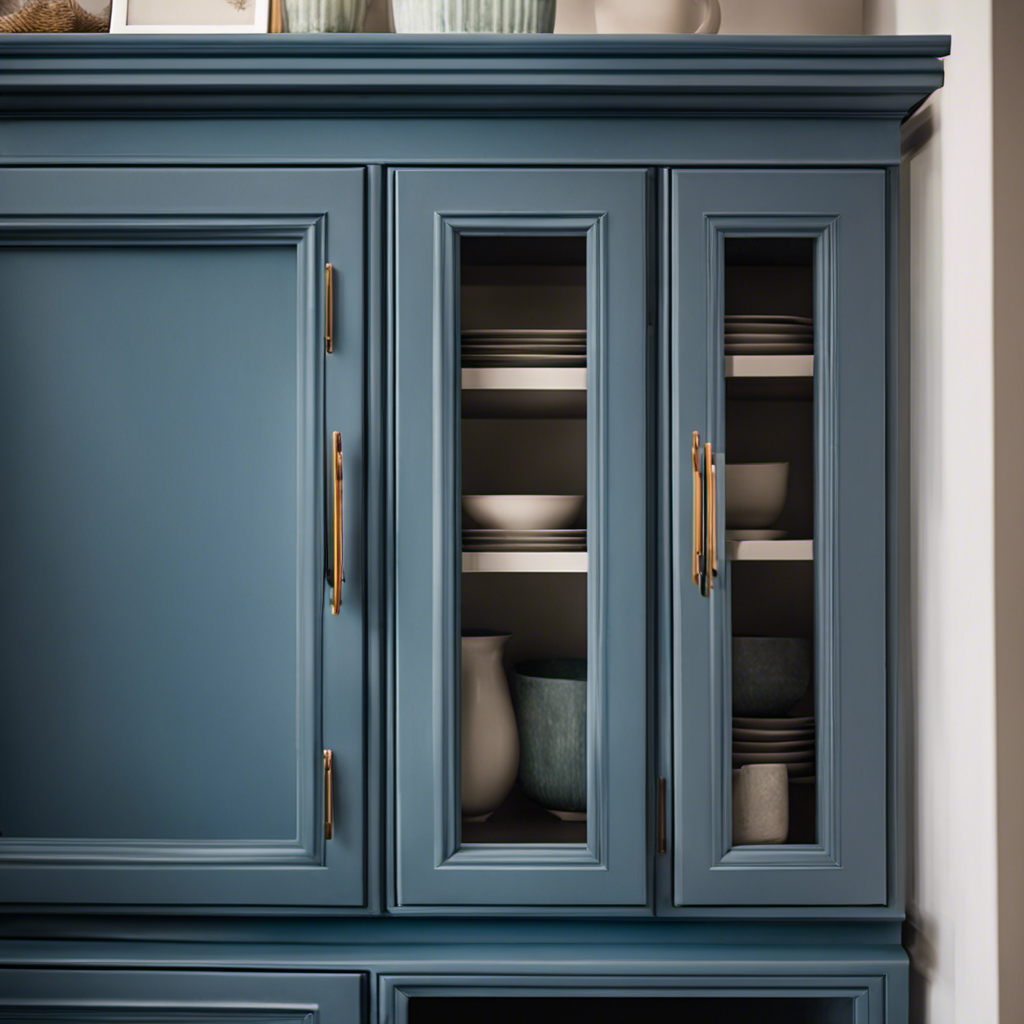 An image showcasing a set of beautifully painted cabinets in various shades of vibrant blues, calming grays, and elegant whites, highlighting the transformative power of expert cabinet painting services in York