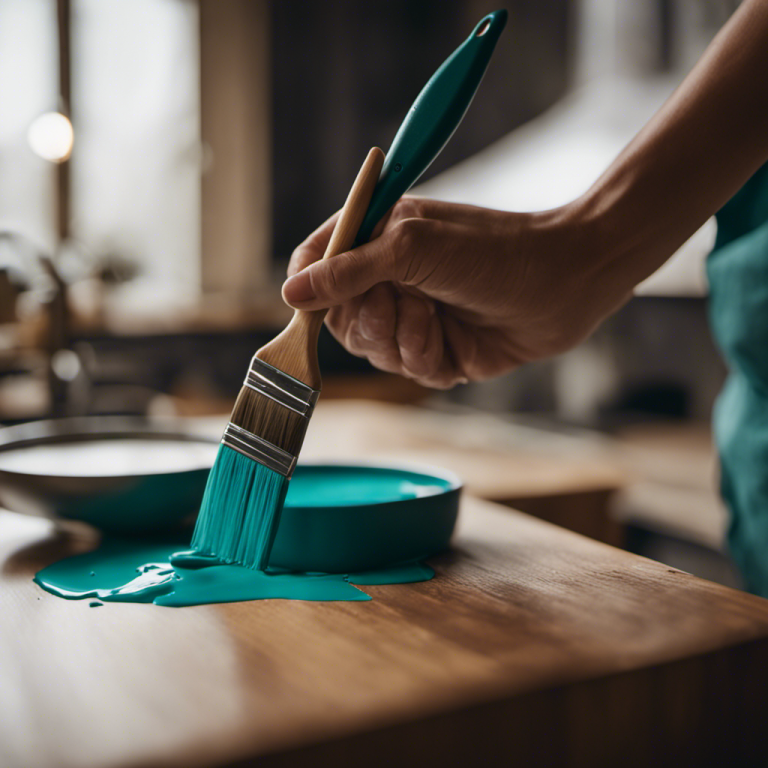 Close-up of a hand holding a paintbrush, meticulously applying a smooth coat of vibrant teal paint to the worn wooden surface of a kitchen cabinet, transforming it into a stunning centerpiece