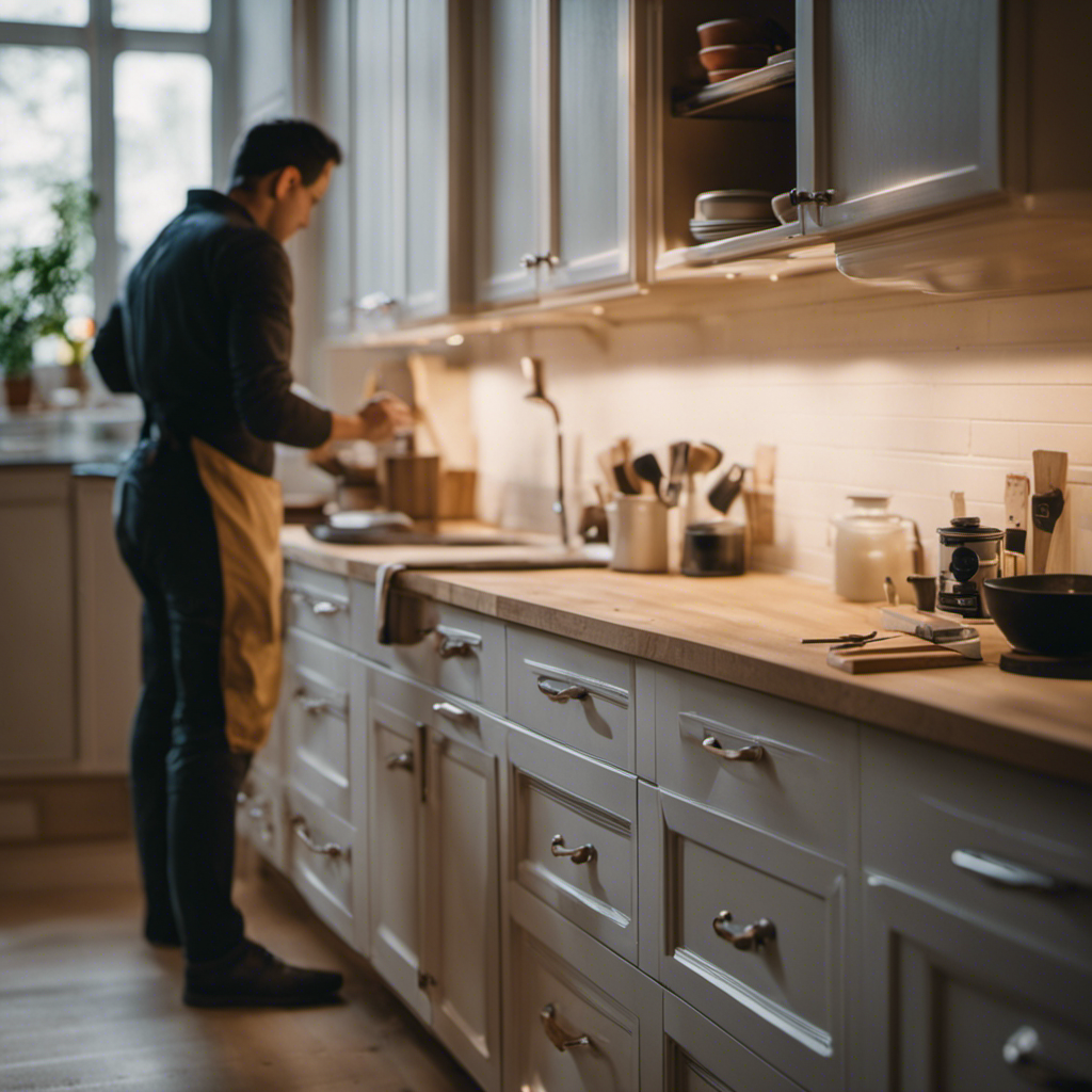 An image showcasing a well-lit kitchen with a painter meticulously sanding and cleaning cabinets, while nearby, another painter skillfully applies primer, preparing the surfaces for a fresh coat of paint