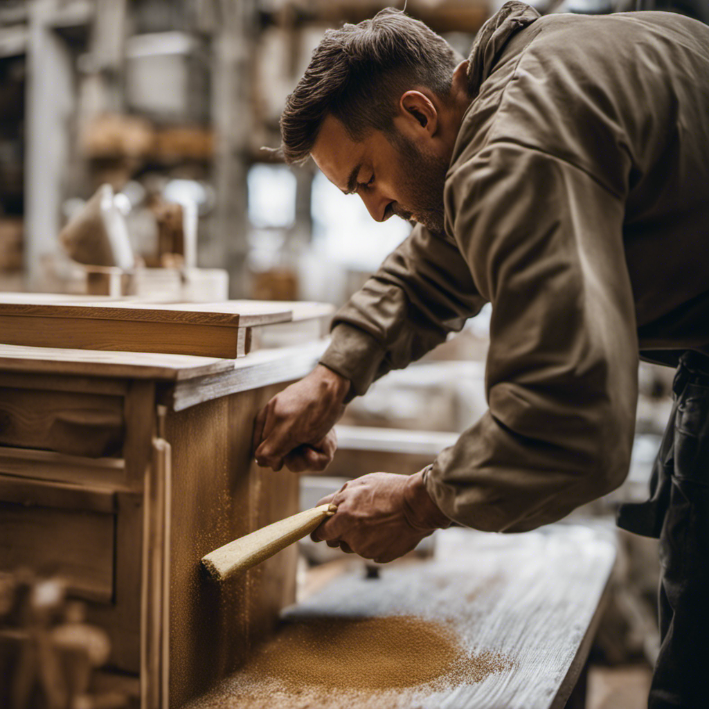 An image showcasing a professional painter meticulously sanding and priming a set of weathered cabinets, ensuring a flawless surface for painting