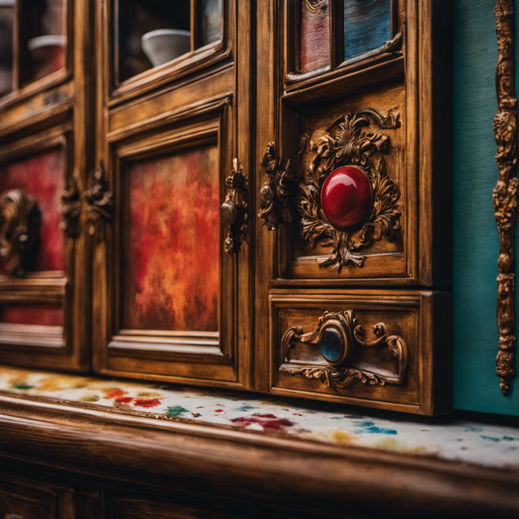 An image that showcases a professional painter meticulously transforming a worn-out cabinet into a stunning masterpiece, with vibrant colors and flawless finishes